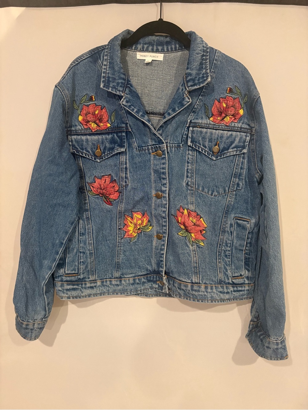 Honey Punch Light Blue Denim Jacket with Red and Yellow Floral Embroidery